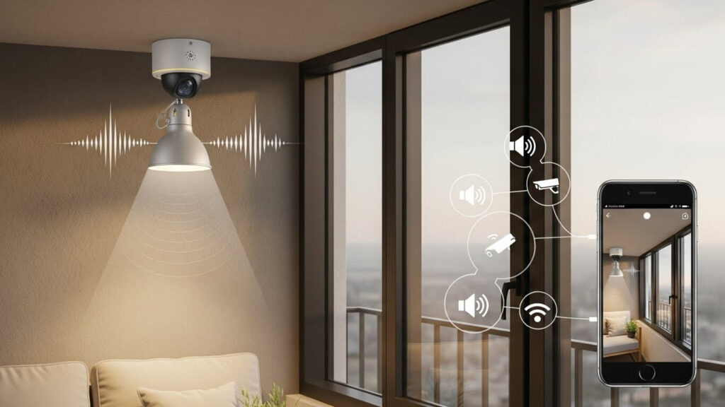 lâmpada com câmera e áudio