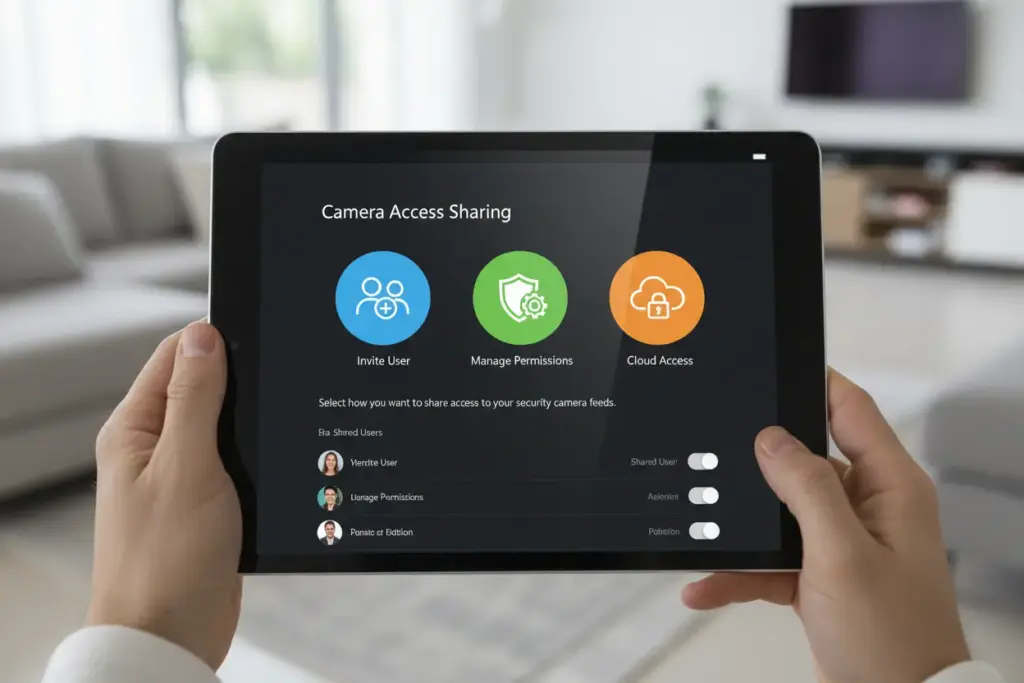 Ilustração de métodos para compartilhar câmeras de segurança com outros celulares.