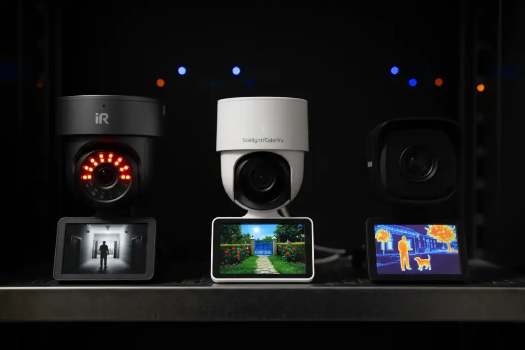 Tipos de câmeras de segurança noturna e tecnologias.