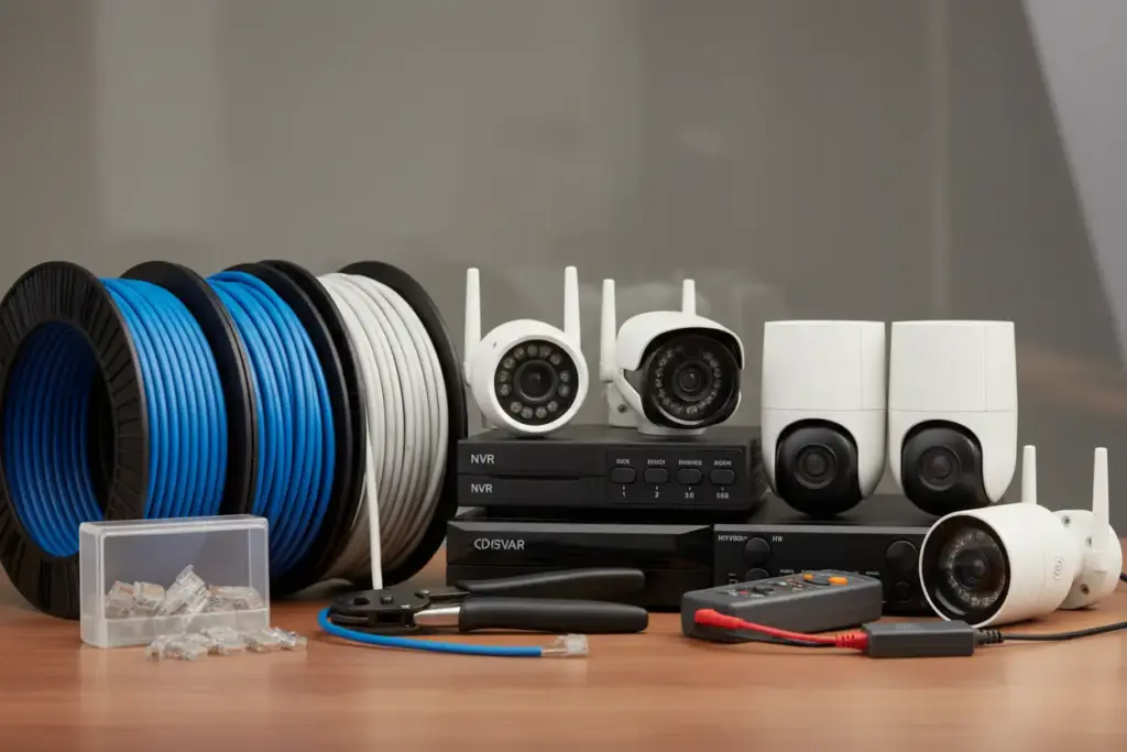 Lista de componentes essenciais para CFTV com cabo de rede.