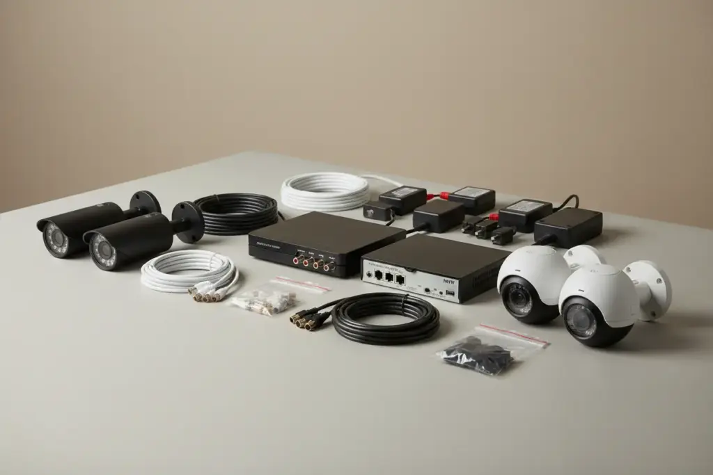 Componentes de um sistema CFTV: câmeras, NVR, cabos e HD.