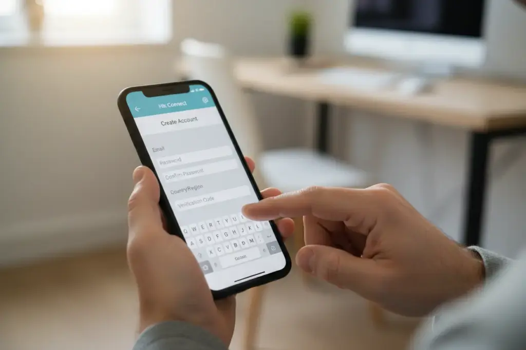 Processo de criação de conta no app Hik-Connect