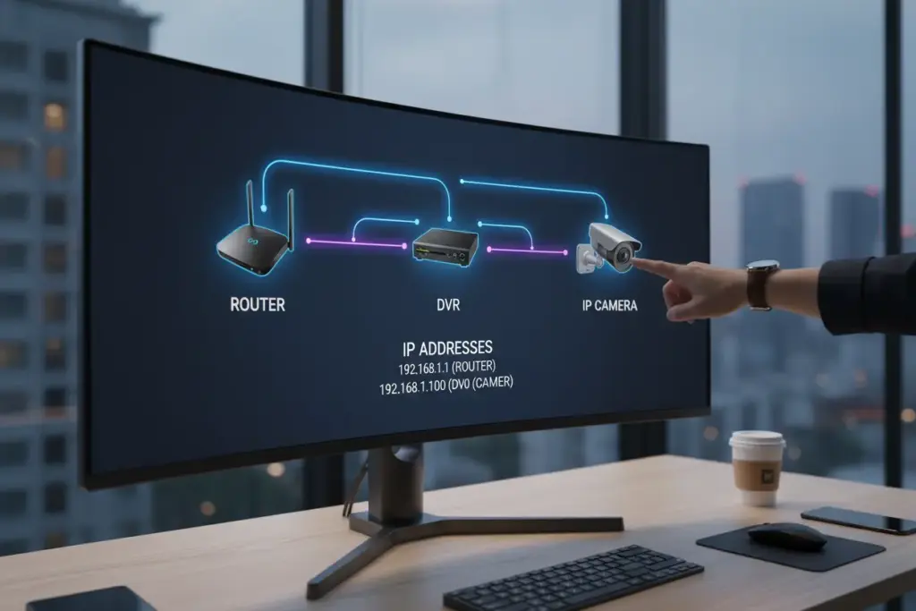 Esquema de rede local e endereços IP de câmeras