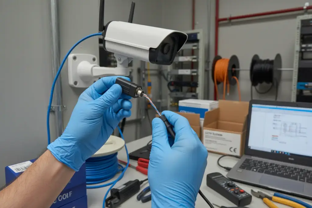 Técnico instalando um balun em um sistema de CFTV