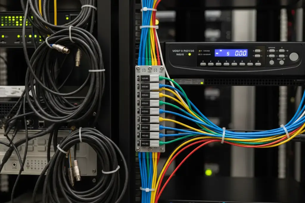 Organização de cabos UTP e baluns em um rack de CFTV