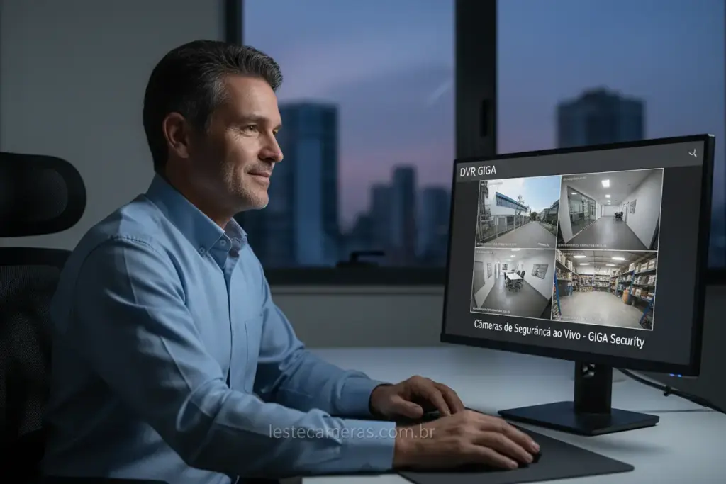 Homem acessando DVR Giga pelo PC