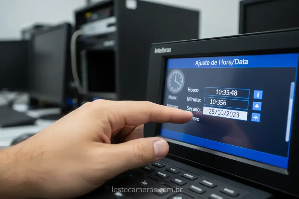 Mão ajustando a hora em DVR Intelbras