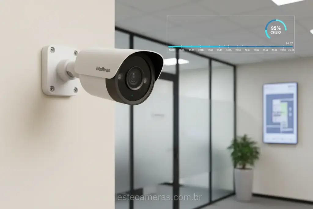 Câmera de segurança Intelbras com indicador de tempo de gravação.