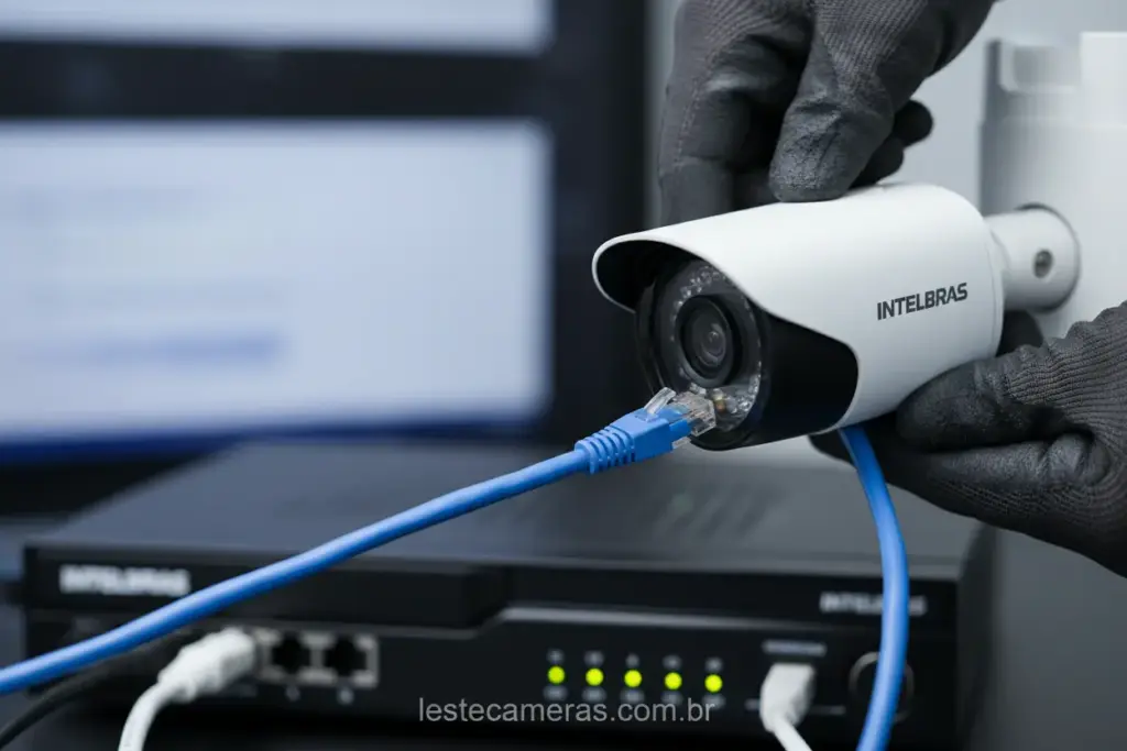 Mãos conectando cabo de rede em câmera IP com DVR Intelbras.