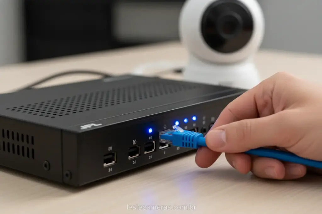 Mão conectando cabo de rede a um DVR JFL com câmera IP ao fundo.