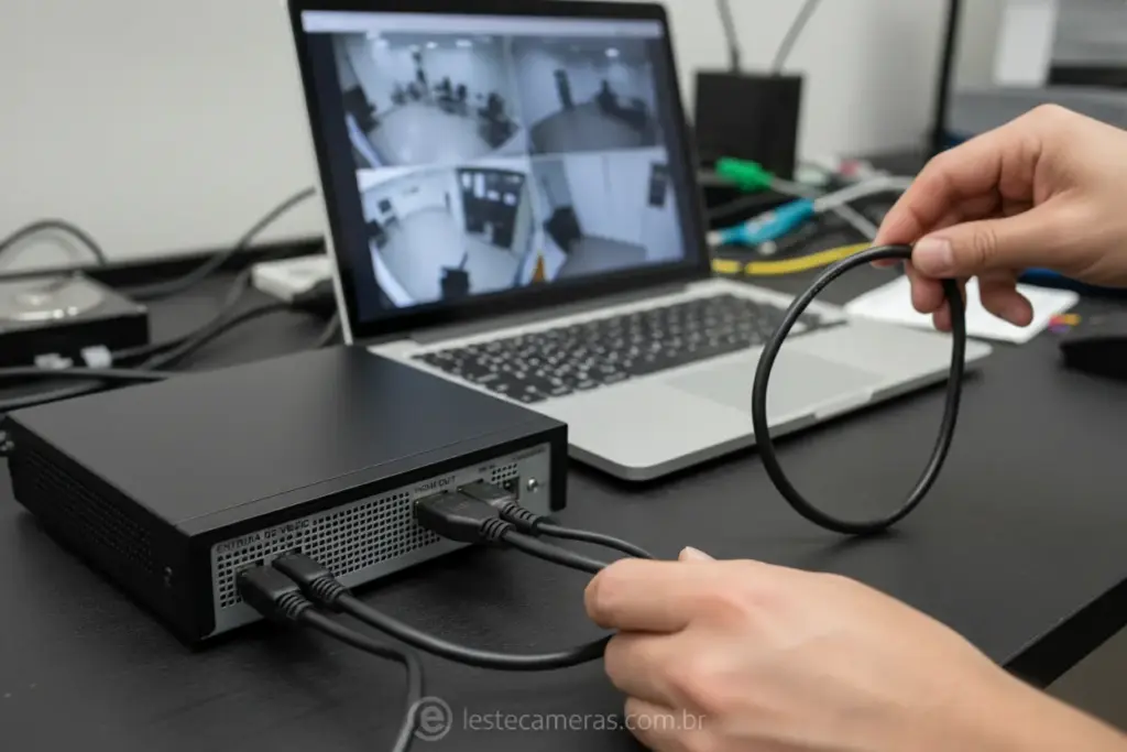 Mãos conectando cabo HDMI de DVR a notebook