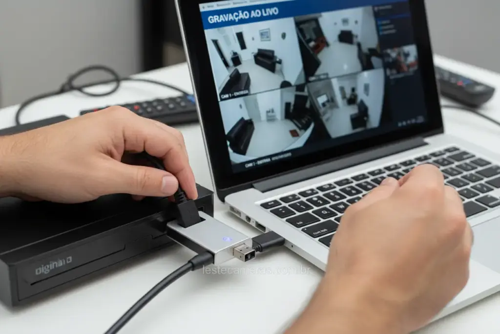 Homem conectando cabo HDMI de DVR a notebook