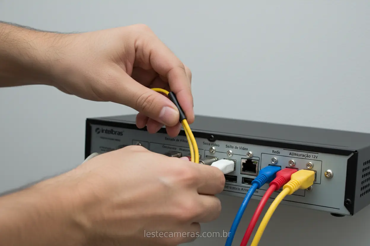 Conectando cabos de vídeo e rede na parte traseira de um DVR Intelbras.