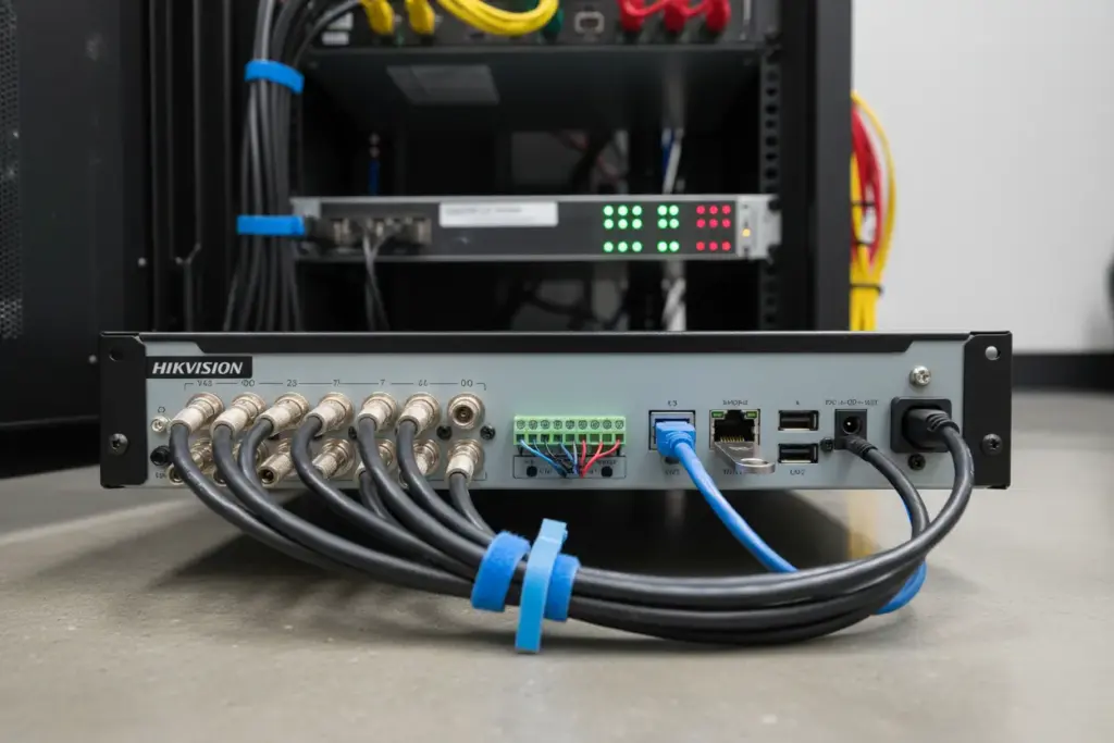 Diagrama das conexões traseiras de um DVR Hikvision