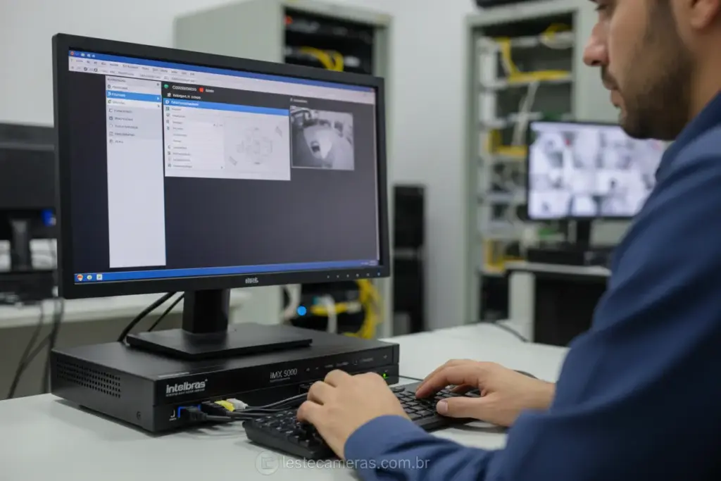 Homem configurando DVR Intelbras em um escritório.