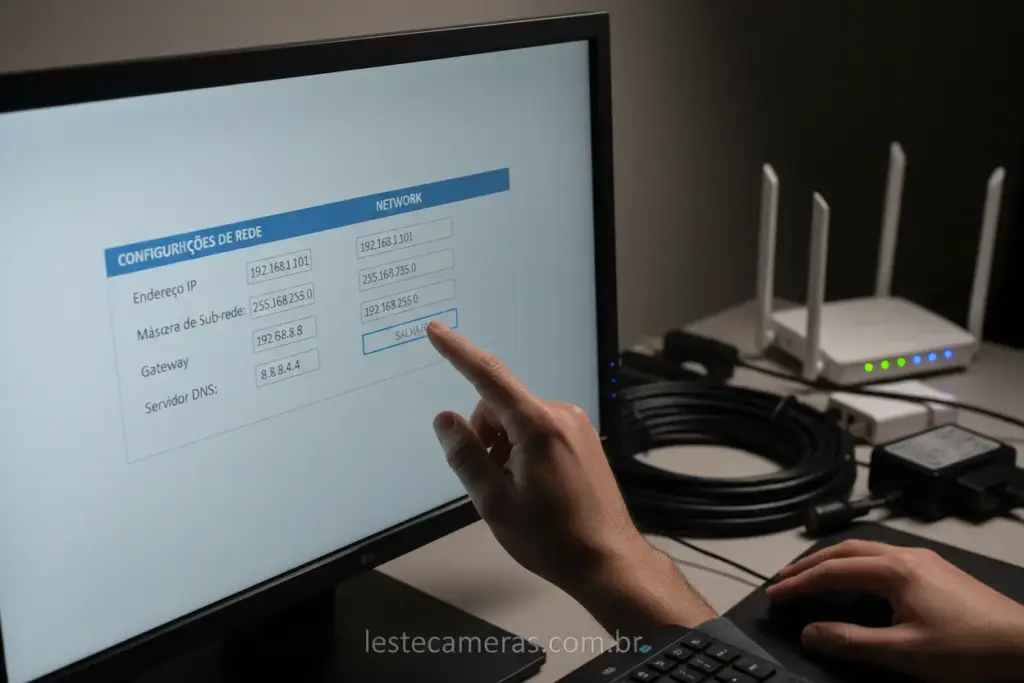 Pessoa configurando DVR Tudo Forte em monitor.