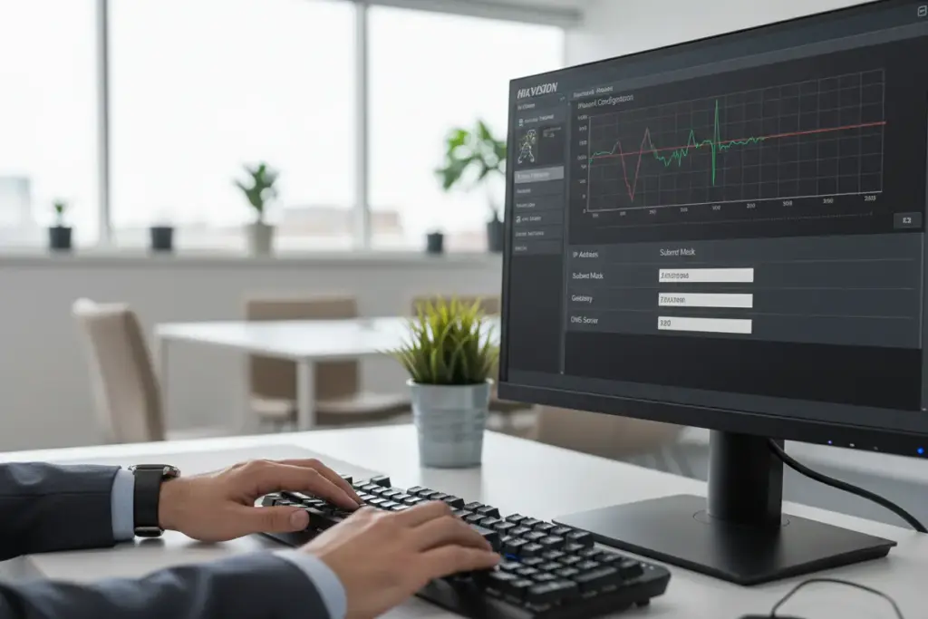 Tela de configuração de rede do DVR Hikvision