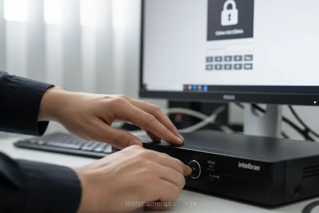 Mãos digitando em um DVR Intelbras para desbloquear o acesso.