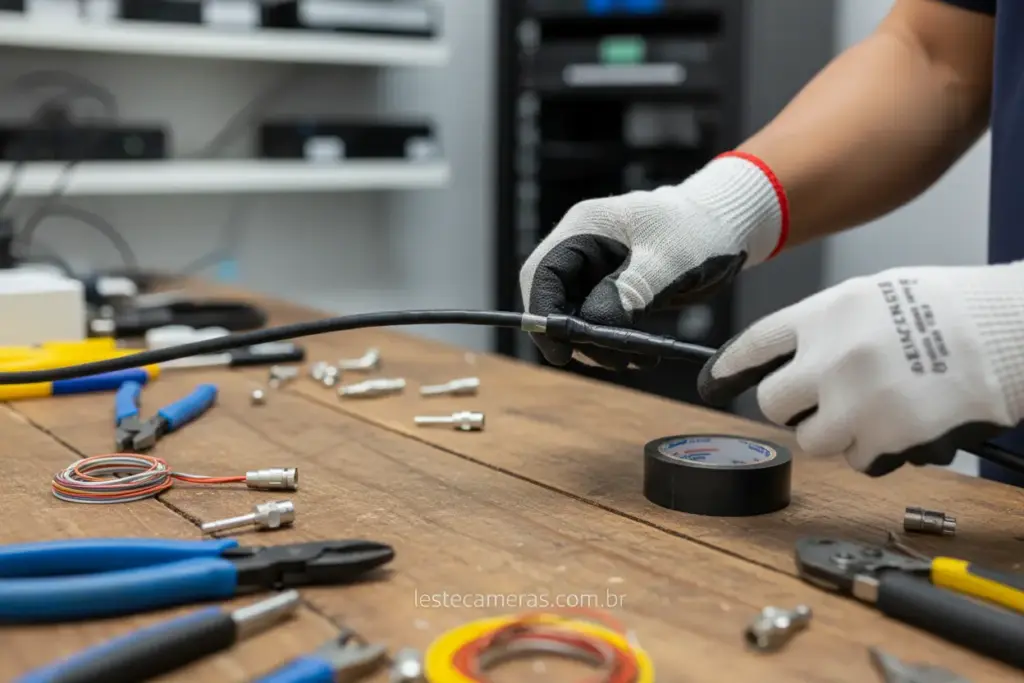 Técnico emendando cabo de câmera de segurança