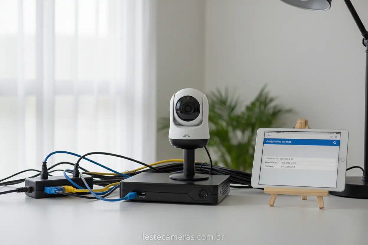 Mesa com câmera IP, DVR JFL, cabos e tablet para configuração.