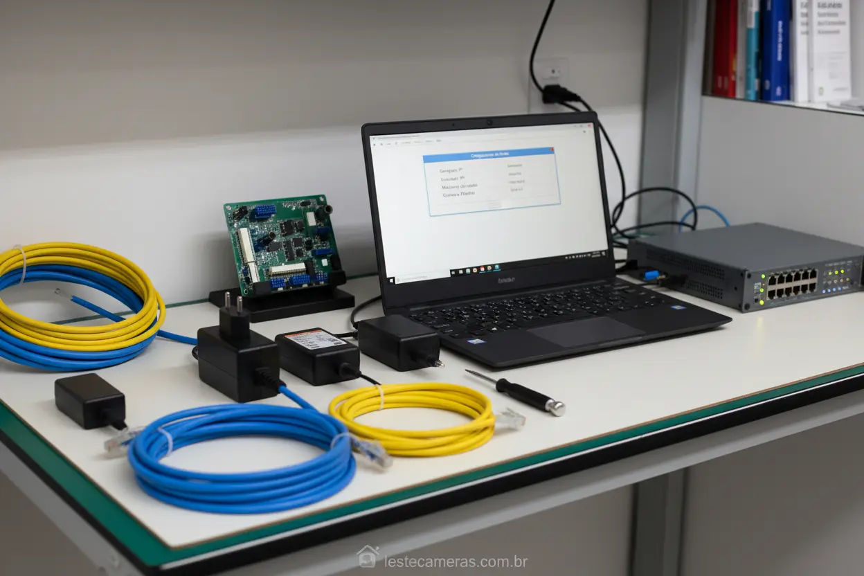 Mesa com ferramentas, cabos e laptop para instalação de câmeras IP.