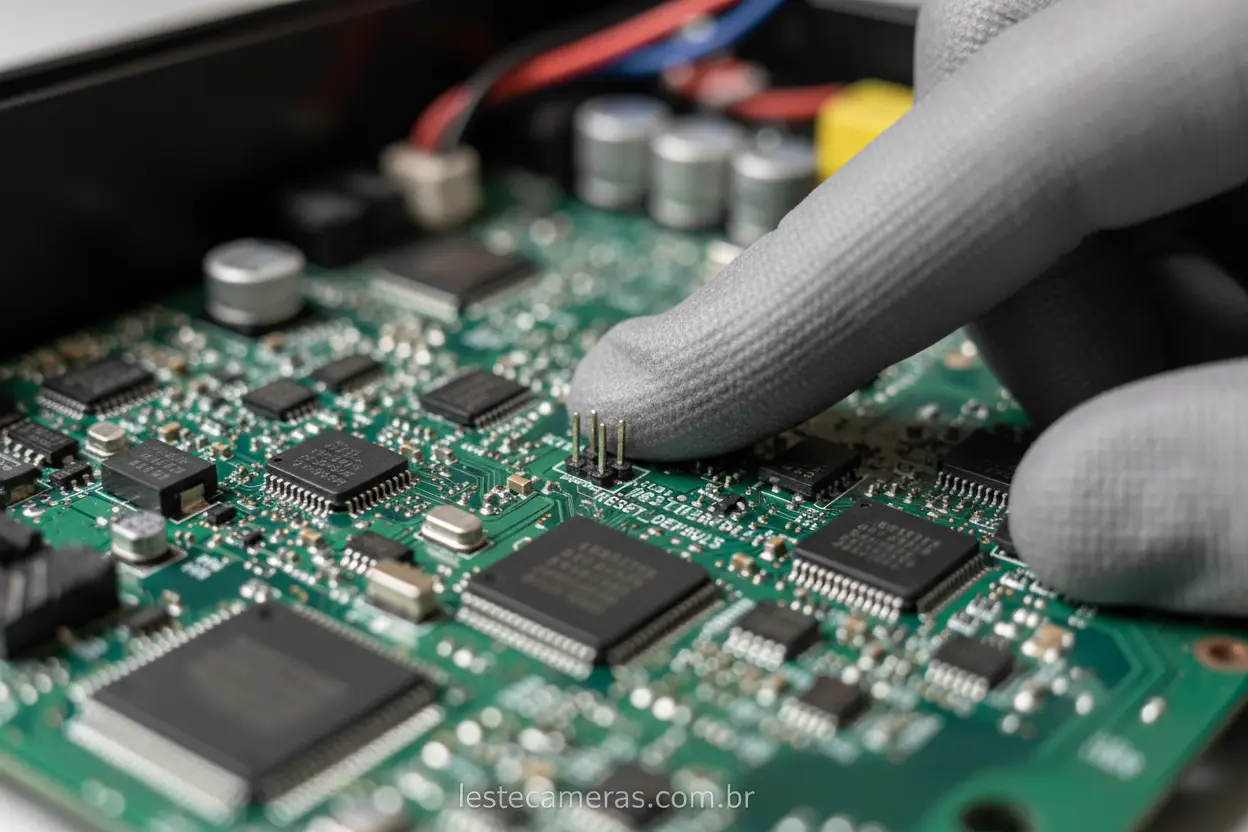 Hard Reset Interno DVR Placa de circuito de DVR com indicação de hard reset alternativo.