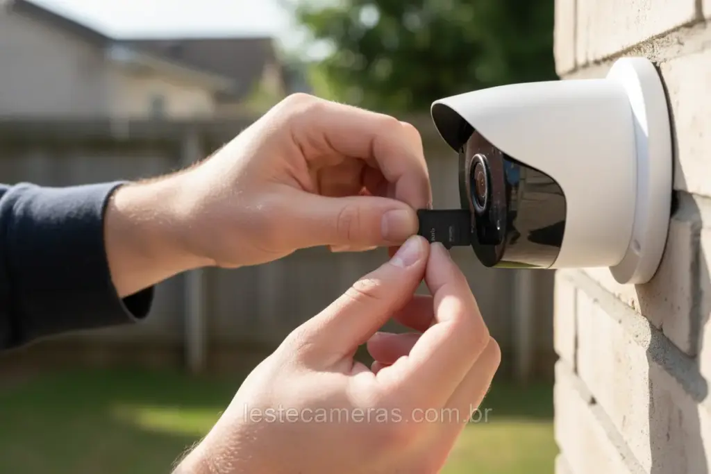 Mãos inserindo cartão de memória em câmera de segurança