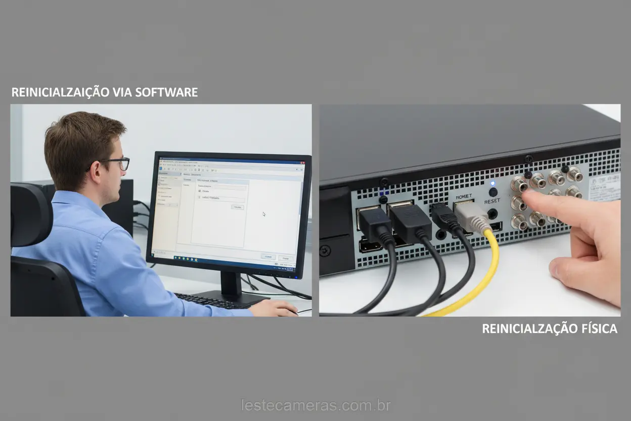 Métodos de Reset DVR Ilustração de métodos de reset de DVR Intelbras, software e hardware.