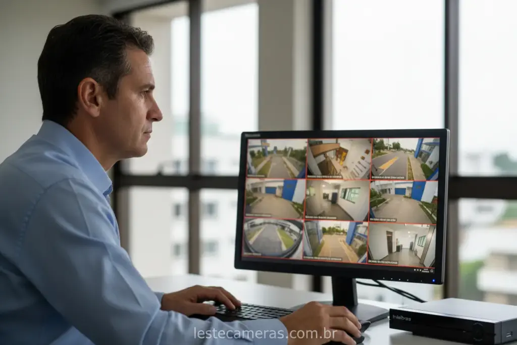 Pessoa monitorando câmeras de segurança via DVR Intelbras no computador.