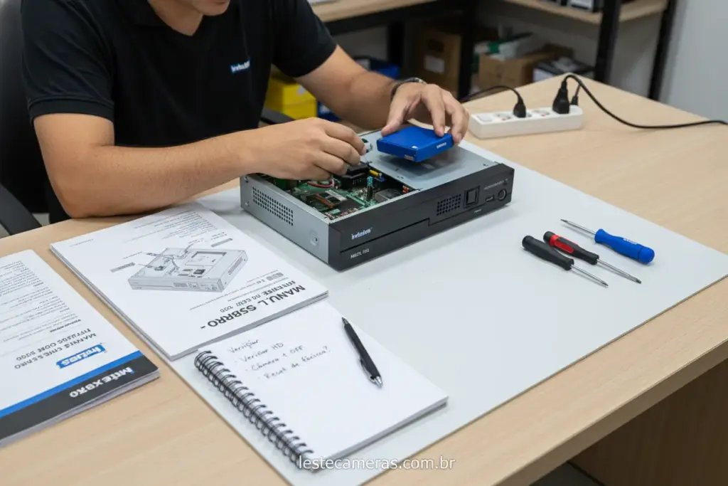 Câmera de segurança continua gravando sem luz? 1 Mesa com DVR Intelbras, manual e ferramentas para preparação.