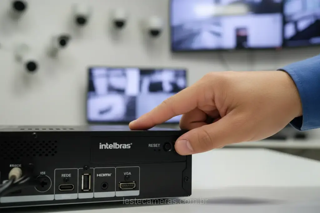 Botão de reset sendo pressionado em um DVR Intelbras