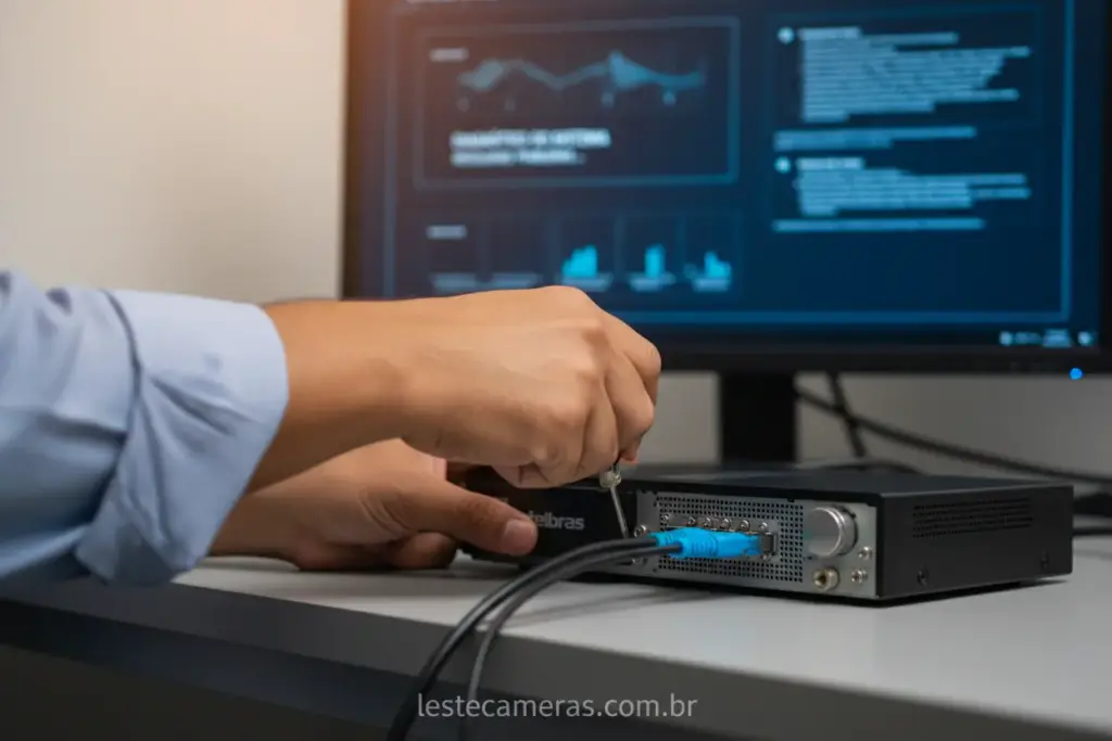 Mãos manipulando DVR Intelbras, indicando como resetar dvr intelbras sem botão de reset.