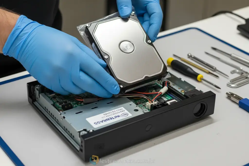 Mãos trocando HD em DVR Intelbras