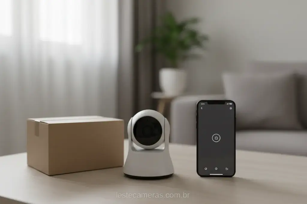 Câmera de segurança genérica barata ao lado de caixa sem marca