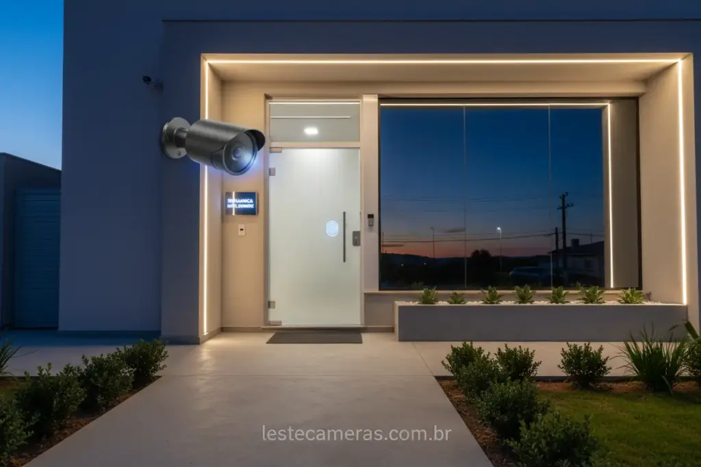 Câmera de segurança PoE moderna instalada em fachada de residência.