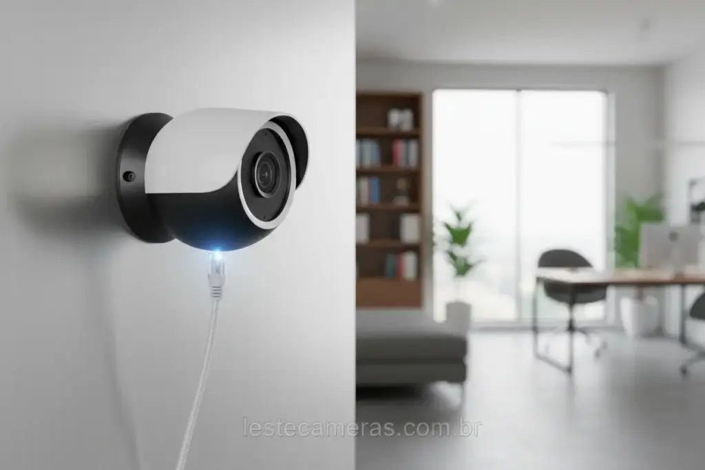 Câmera de segurança PoE instalada em ambiente moderno.