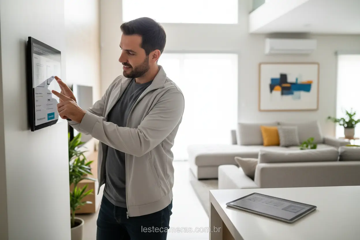 Pessoa configurando controle de acesso residencial em tablet.