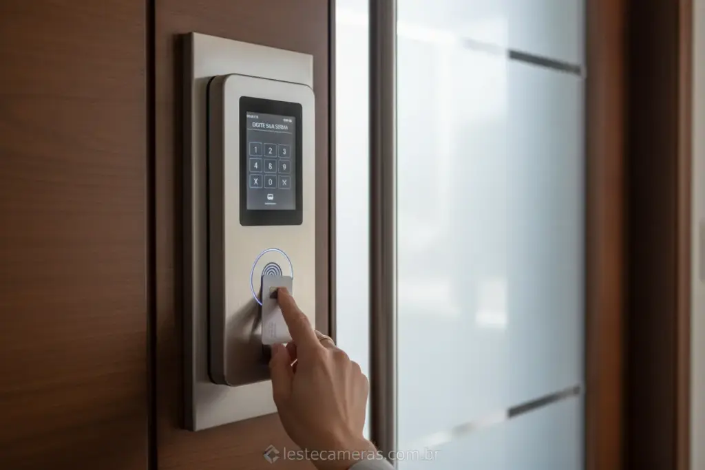 Painel de controle de acesso inteligente em residência.