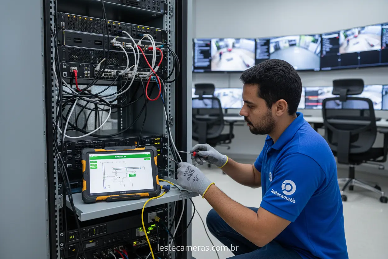 Técnico inspecionando fiação de sistema de câmeras