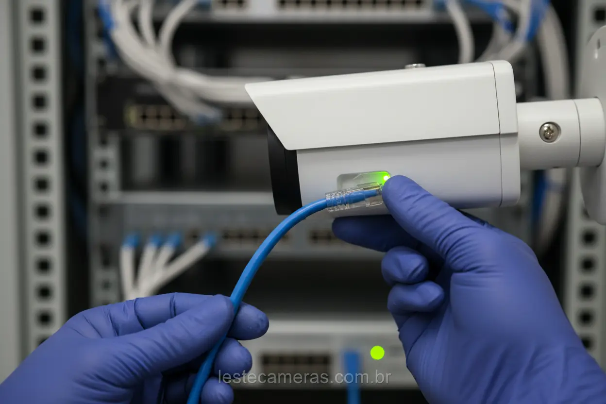 Técnico instalando câmera PoE com um único cabo de rede.