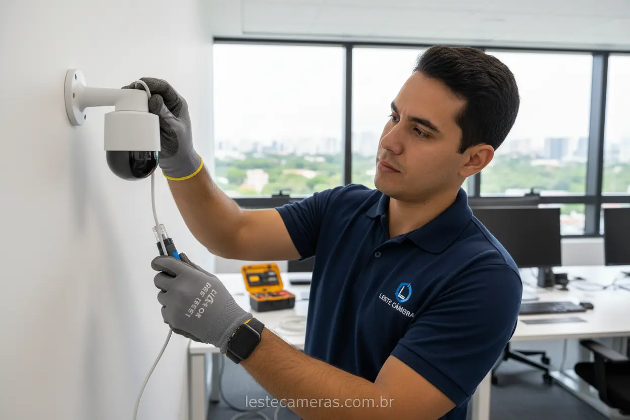 Técnico instala câmera PoE.