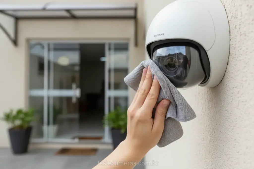 Mão limpando lente de câmera de segurança em parede