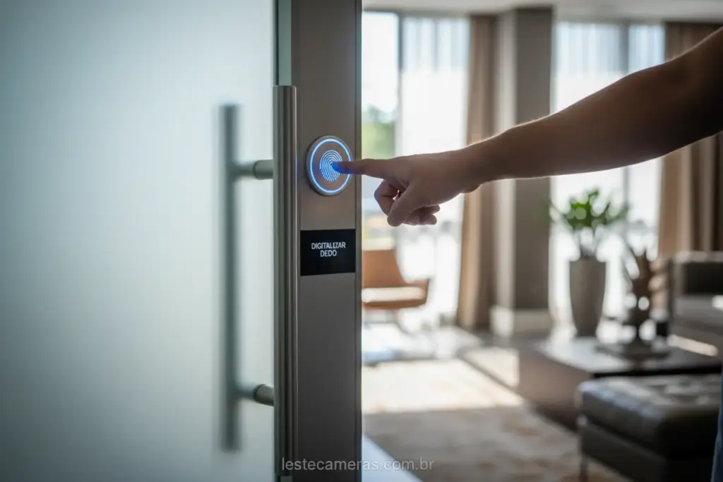 Leitor biométrico de impressão digital em porta.