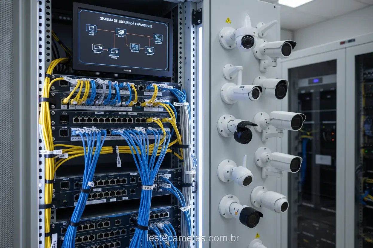 Infraestrutura de rede com câmeras IP PoE para vigilância.